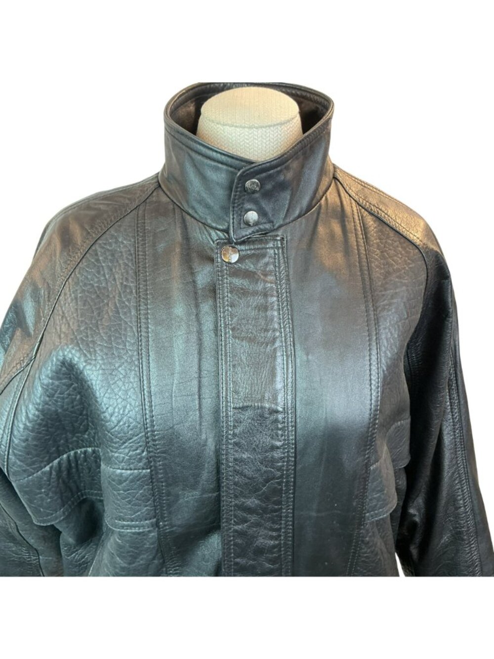 deNaive Leather Moto Bomber Jacket Womens Large Black Snap High Collar - Picture 9 of 14